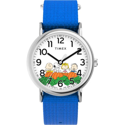 Timex TW2Y44600 Peanuts Weekender Pumpkin 38mm Blue Fabric Strap Watch ,
