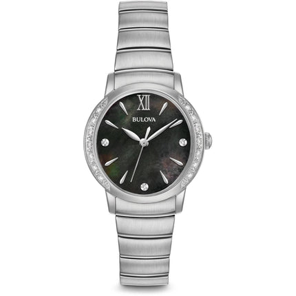 Bulova 96R213 Women's Diamond Accent Watch, Black Dial, Silver-Tone, 28mm ,