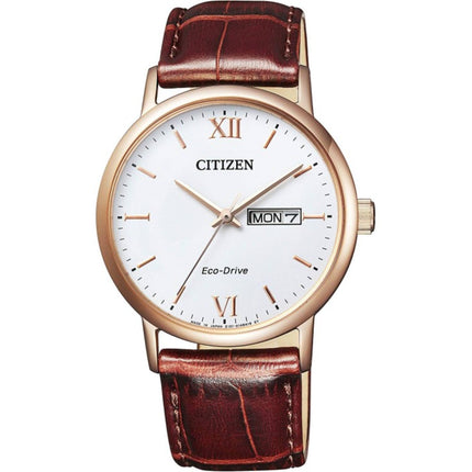 Citizen Eco-Drive BM9012-02A Men's Gold-Tone Watch, White Dial, Brown Leather ,