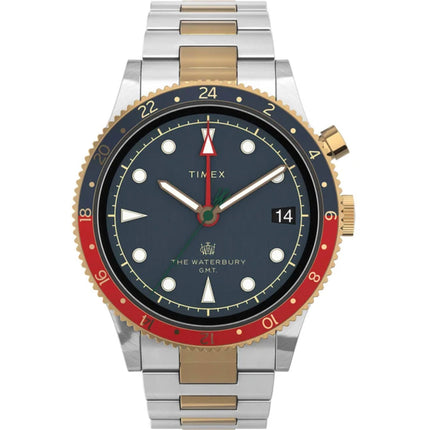 Timex Waterbury GMT TW2R90600VQ Men's 39mm Blue Dial Two-Tone Steel Watch ,