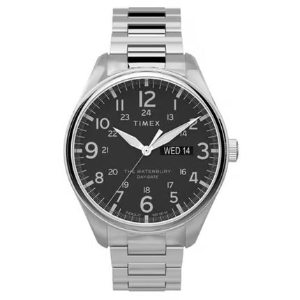 Timex Waterbury TW2T71100VQ Men's 42mm Black Dial Silver Steel Watch, Day-Date ,