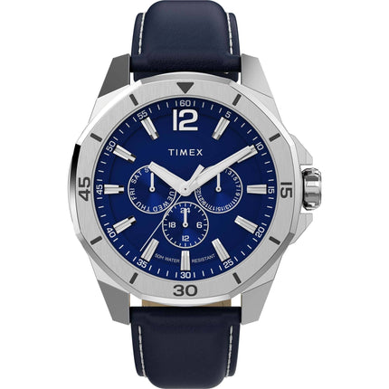 Timex Essex TW2W80200VQ Men's 46mm Blue Dial Analog Watch, Leather Strap ,