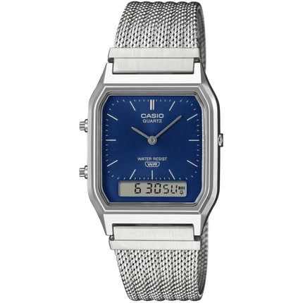 Casio Vintage AQ-230EM-2A Analog-Digital Watch, Stainless Steel Mesh Band, Dual Time ,