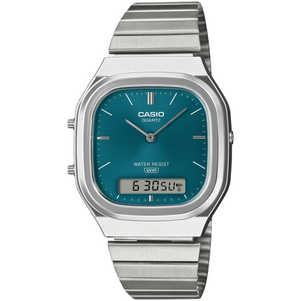 Casio Vintage AQ240E-3A Blue-Green Dial Analog-Digital Watch, Stainless Steel Band ,