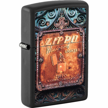 Zippo 47489 Windproof Design Black Metal Refillable Pocket Lighter Gift Box ,