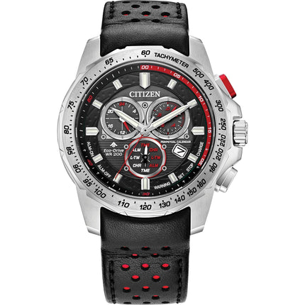 Citizen BL5570-01E Promaster MX Eco-Drive Chronograph Watch Black Dial Red Leather Strap ,