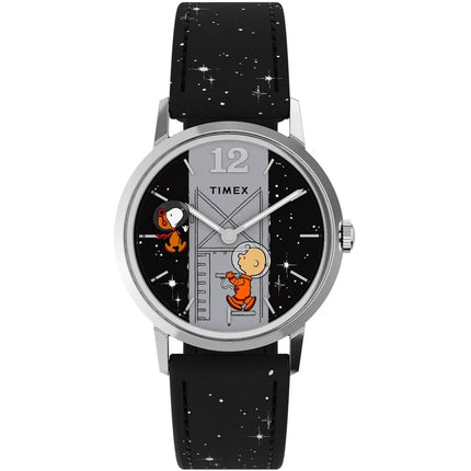 Timex x Peanuts Space Marlin TW2W89700 34mm Hand-Wound Black Vegan Leather Strap Watch ,