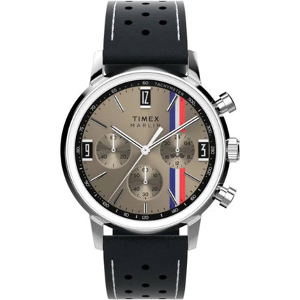 Timex Marlin TW2W98900 Men’s 40mm Chronograph Taupe Grey Dial Black Leather Watch ,