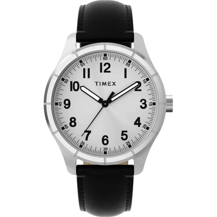 Timex Main Street TW2Y16000 Men’s 42mm Quartz Silver Dial Black Leather Strap Watch ,