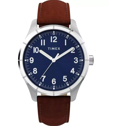 Timex Main Street TW2Y16200 Men’s 42mm Quartz Blue Dial Brown Leather Strap Watch ,