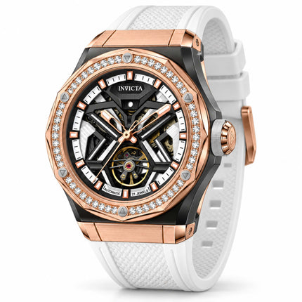 Invicta Objet D Art 70137 Men’s 45mm Mechanical Watch, Lab-Grown Diamonds, White Strap ,