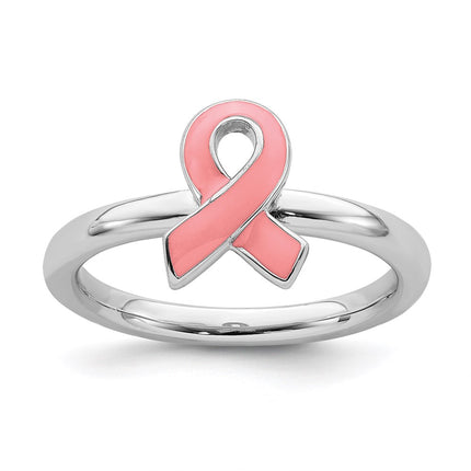 Sterling Silver Stackable Expressions Pink Enameled Awareness Ribbon Ring | QSK948 ,