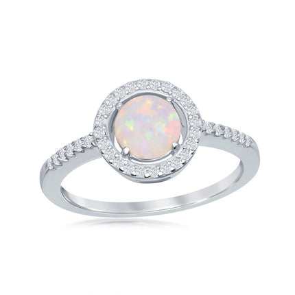 Sterling Silver Round White Opal with CZ Halo Ring ,