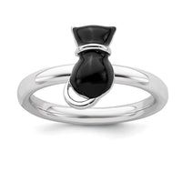 Sterling Silver Stackable Expressions Polished Black Enameled Cat Ring | QSK127 ,