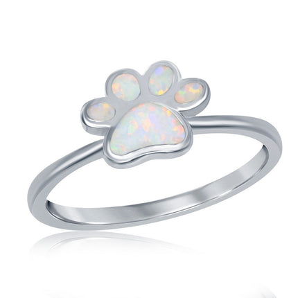 Sterling Silver White Inlay Opal Paw Print Ring ,