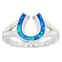 Sterling Silver Blue Inlay Opal Horseshoe Ring - W-9916 ,