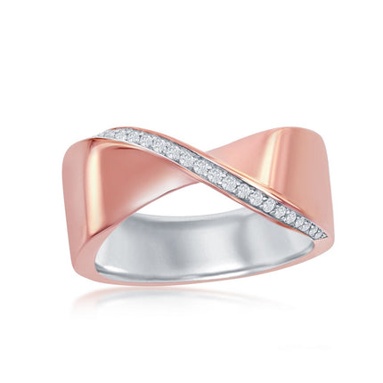 Sterling Silver Two-Tone Rose GP CZ Lining "X" Ring - W-2049 ,