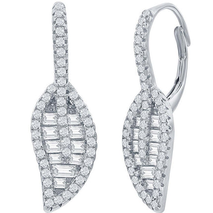 Classic Women's Earrings - Sterling Silver Round and Baguette White CZ Leaf | D-7991 ,