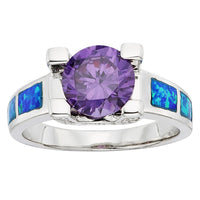 Sterling Silver Blue Opal and Amethyst Circle CZ Ring - W-9462 ,
