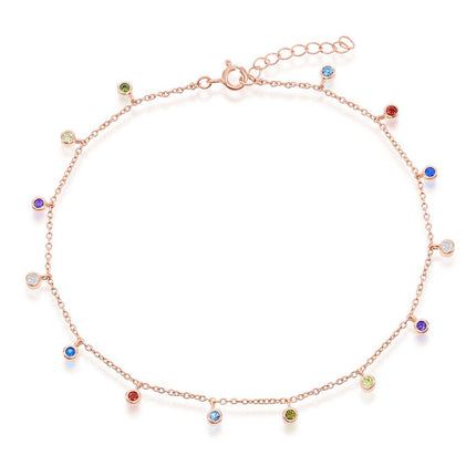 Classic Women's Anklet - RG Sterling Silver Bezel-Set Rainbow CZ Charms | R-9271 ,