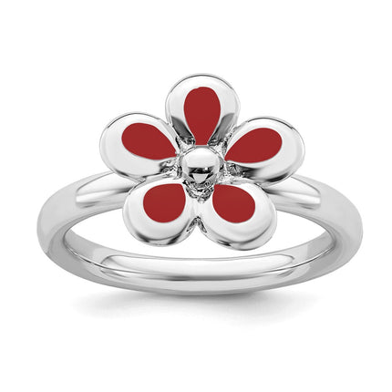 Sterling Silver Stackable Expressions Polished Red Enameled Flower Ring | QSK122 ,