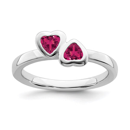 Sterling Silver Stackable Expressions Cr. Ruby Double Heart Ring | QSK404 ,