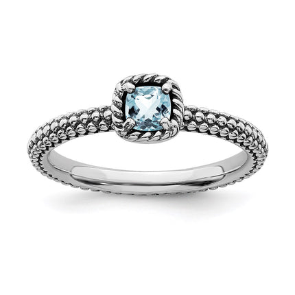 Sterling Silver Stackable Expressions Checker-cut Aquamarine Antiqued Ring | QSK744 ,