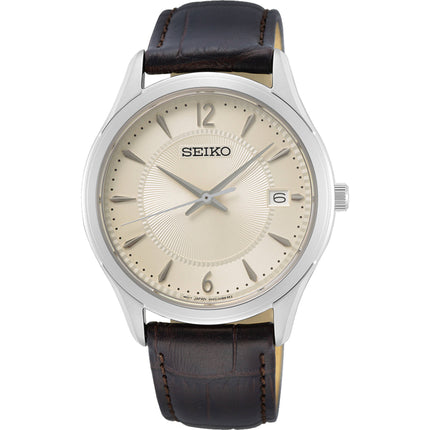 Seiko Men's Watch - Quartz Beige Dial Brown Leather Strap Date Display | SUR421P1 ,