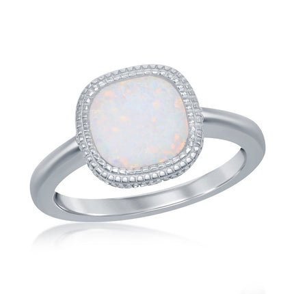 Sterling Silver Square White Inlay Opal Ring - W-2521 ,