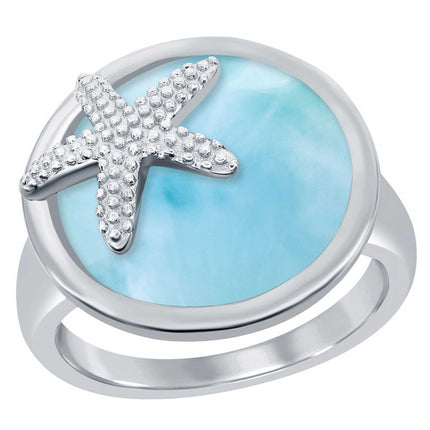 Women's Ring - Silver Round Larimar Starfish, Size 9 | W-2675-9 ,
