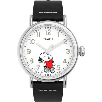 Timex Men's Watch - Standard Peanuts White Dial Black Leather Strap | TW2U72200VQ ,