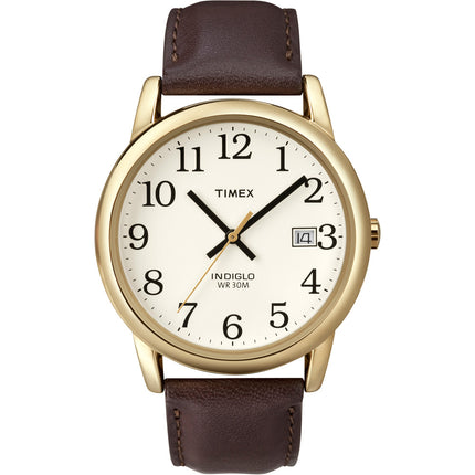 Timex T2N369 Men's Easy Reader Brown Leather Strap Gold Tone Stainless Steel White Dial Watch ,