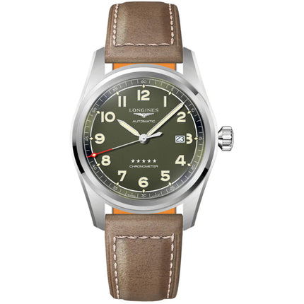 Longines Men's Watch - Spirit Chronometer Green Dial Brown Leather Strap | L38114032 ,