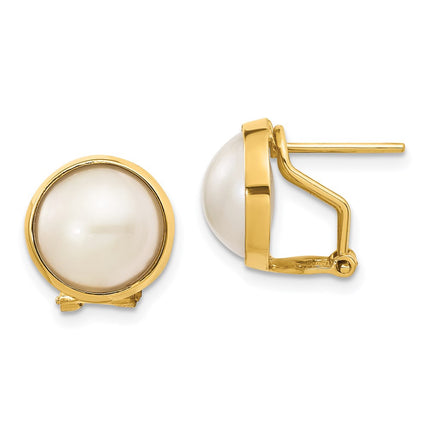 14k 10-11mm White Freshwater Cultured Mabe Pearl Omega Back Earrings ,