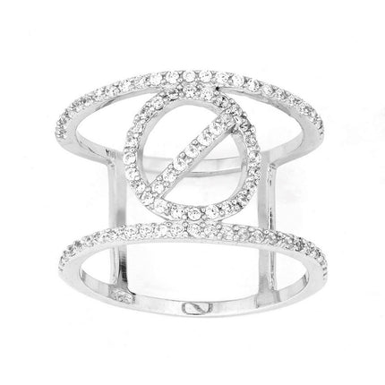 Sterling Silver CZ Wire with Center CZ Circle Wide Ring - W-9921 ,
