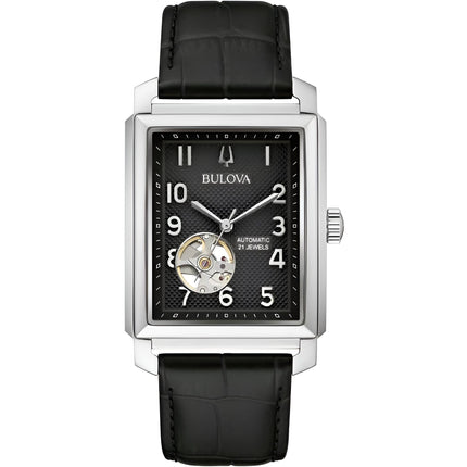 Bulova Unisex Watch - Sutton Automatic Open Heart Black Dial Leather Strap | 96A269 ,