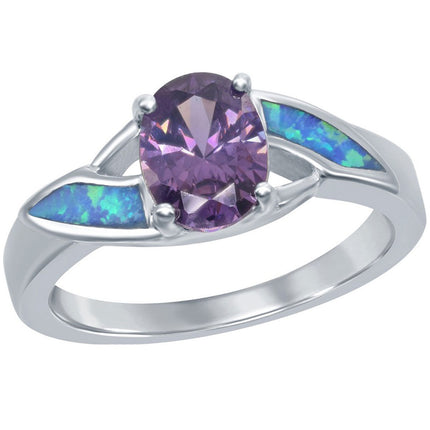 Women's Ring - Sterling Silver Blue Opal with Purple CZ, Size 6 | W-9590-6 ,