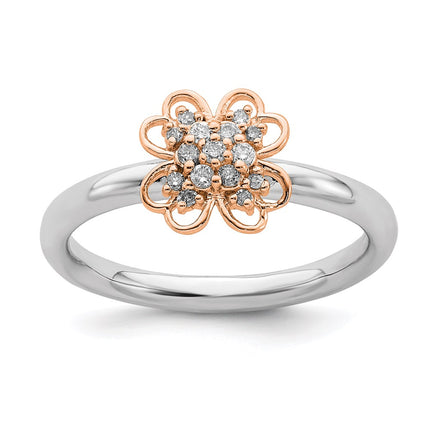 Sterling Silver & Rose Plated Stackable Expression Dia. Flower Ring | QSK1660 ,