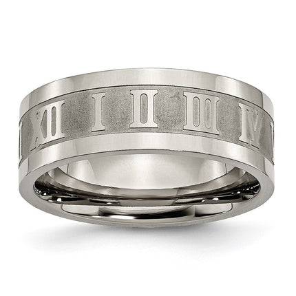 Titanium Roman Numerals 8mm Satin & Polished Flat Band | TB346 ,