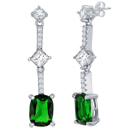 Classic Women's Earrings - Sterling Silver White and Cushion Cut Emerald CZ | D-7842 ,