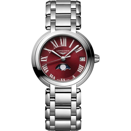 Longines Women's Watch - Primaluna Moon Phase Red Dial Silver Tone Bracelet | L81154926 ,