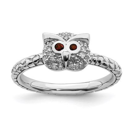 Sterling Silver Stackable Expressions Garnet & Diamond Owl Ring | QSK1858 ,
