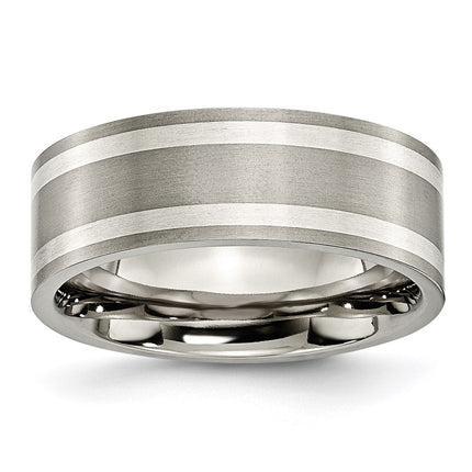 Titanium Sterling Silver Inlay Flat 8mm Brushed and Polished Band | TB214 ,