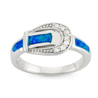 Sterling Silver Blue Inlay Opal and CZ Buckle Ring ,