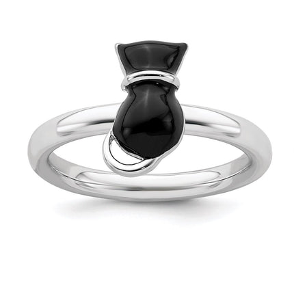 Sterling Silver Stackable Expressions Polished Black Enameled Cat Ring | QSK127 ,