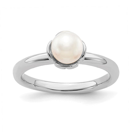 Sterling Silver Stack Exp. Polished White FW Cultured Pearl Ring | QSK611 ,