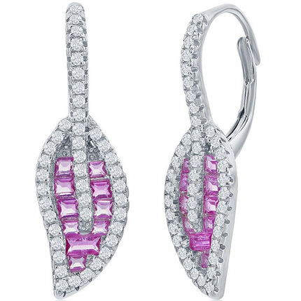 Classic Women's Earrings - Light Ruby Baguette and Round CZ Leaf Lever Back | D-8160 ,