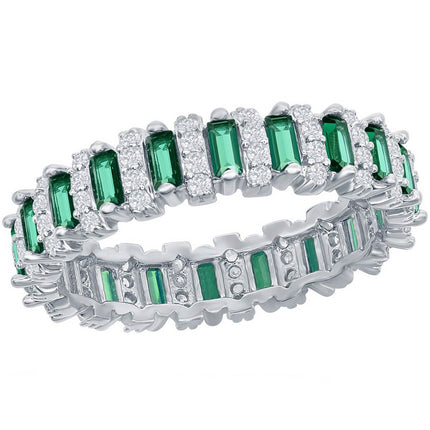 Classic Women's White and Emerald CZ Band Ring - W-2670 ,