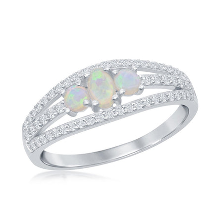 Sterling Silver Three-Stone White Opal CZ Band Ring - W-2108 ,