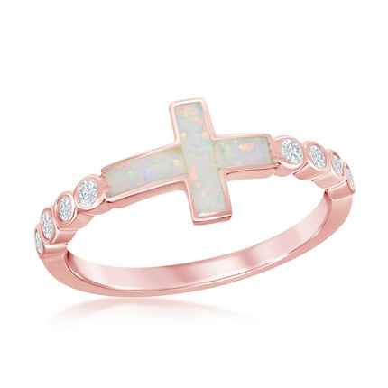 Sterling Silver Rose GP White Inlay Opal Cross CZ Ring - W-2260 ,